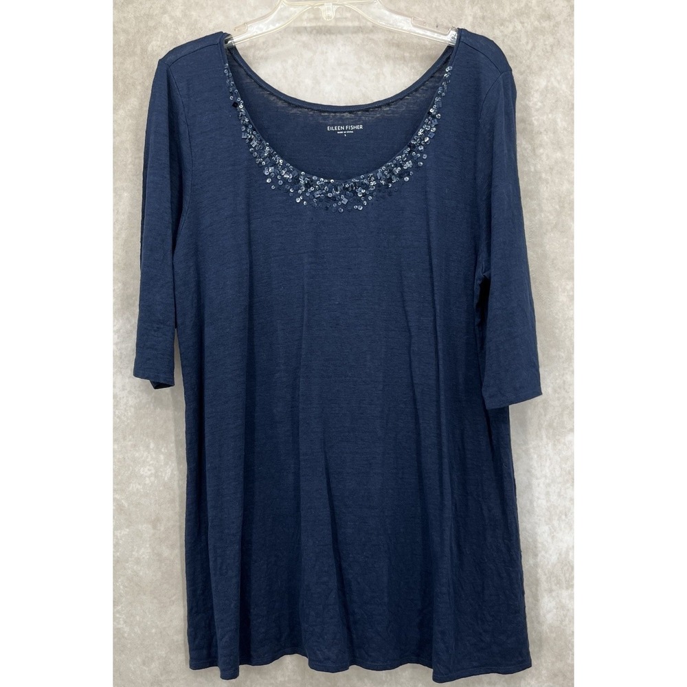 Eileen Fisher Linen Sequin Neck Tunic Top Size Large Navy Blue Short Sleeve